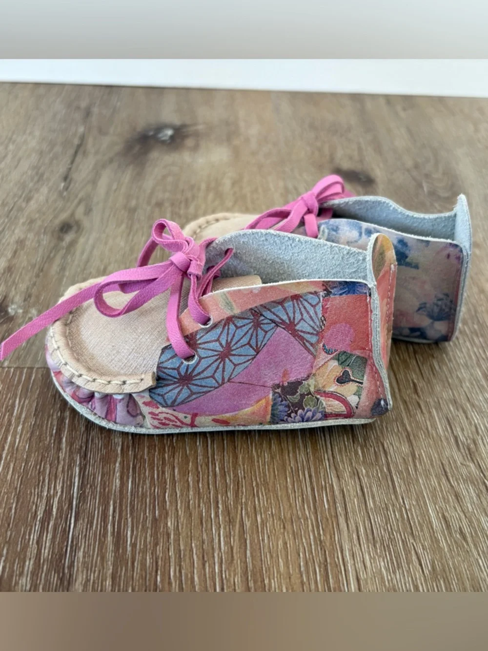 NWOT Handmade Kimono Inspired Print Genuine Leather Baby Shoes Size 12 months